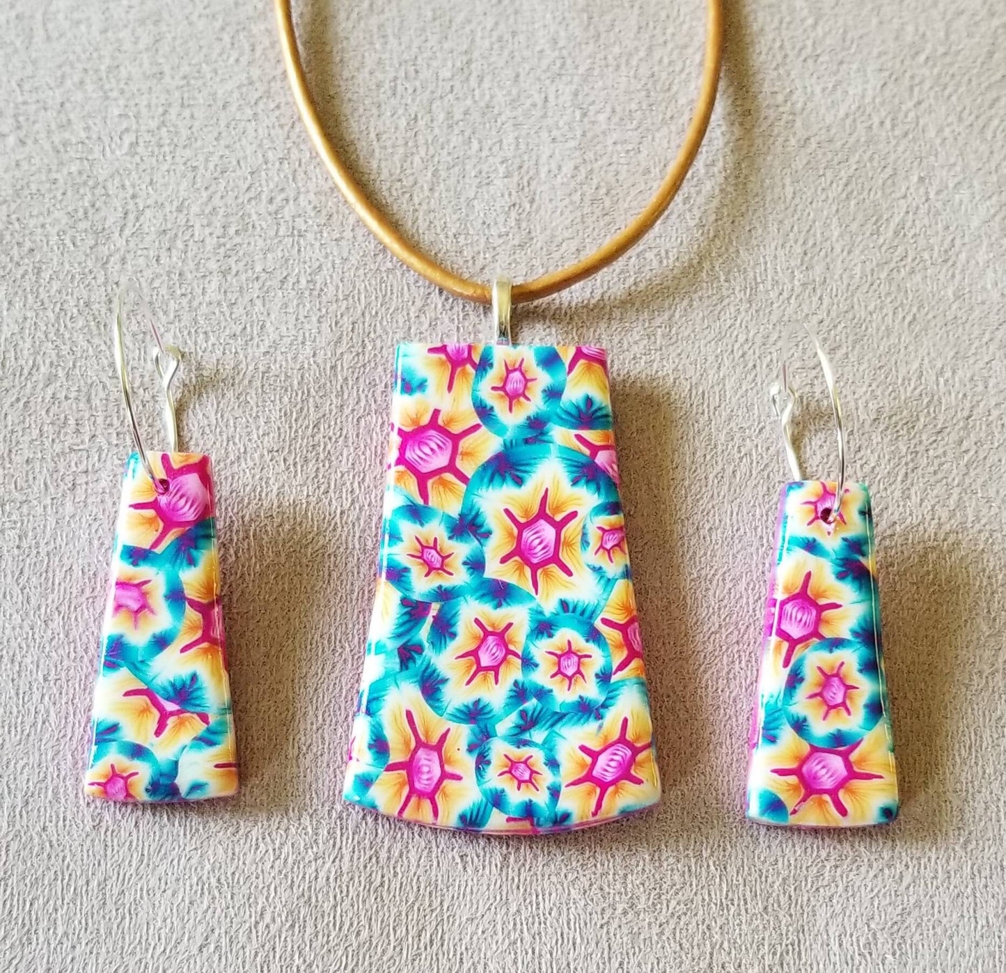 Floral - Boho Pendant and Earring Set - Hot Pink, Teal, & Yellow #1