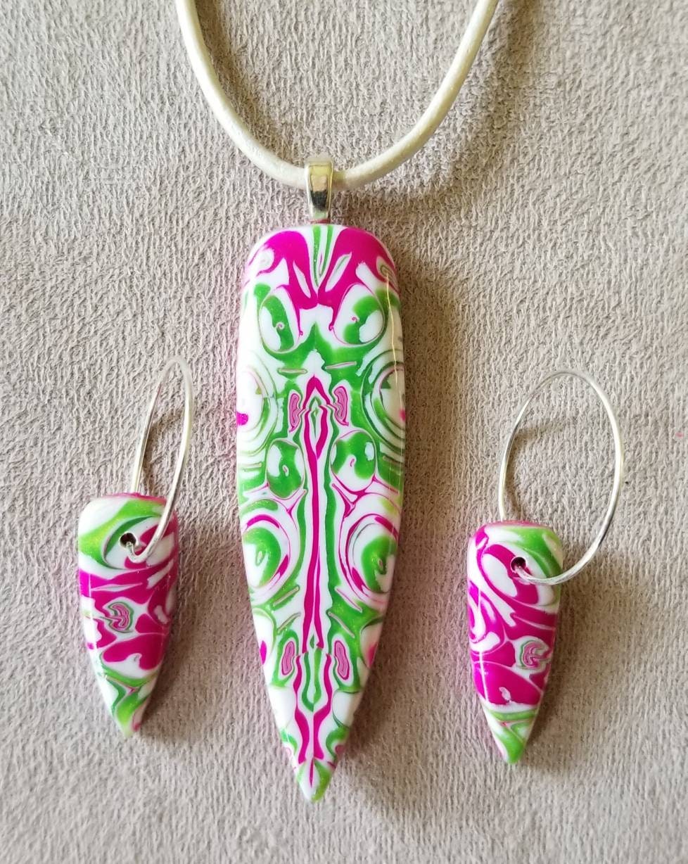 Mokume Gane -Pendant and Earring Set - Pearl Green and Fushia Dagger #3