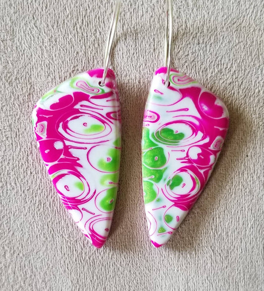 Mokume Gane - Avery Statement Earrings - Fushia and Pearl Green