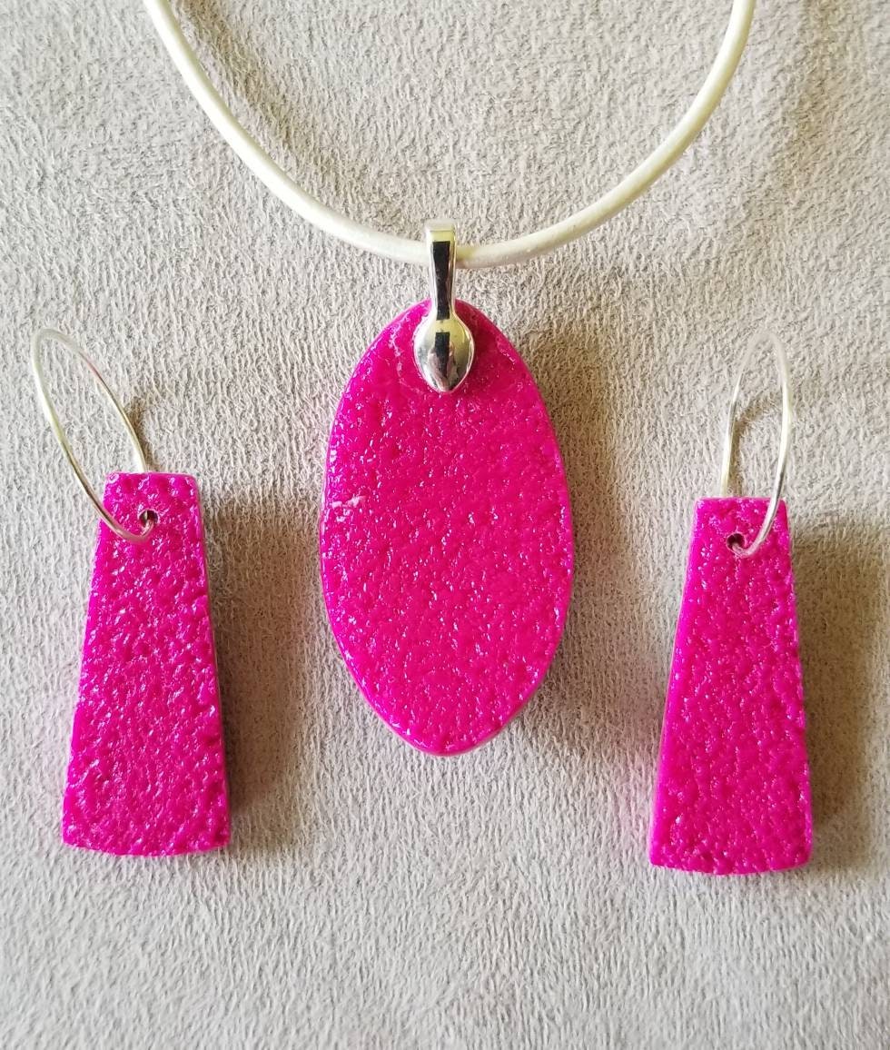 Mokume Gane - Pendant and Earring Set - Fushia and Pearl Green Oval #2