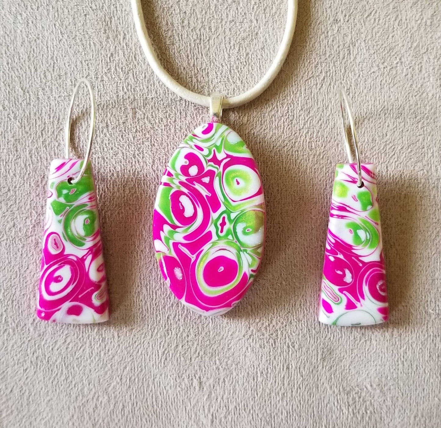 Mokume Gane - Pendant and Earring Set - Fushia and Pearl Green Oval #1