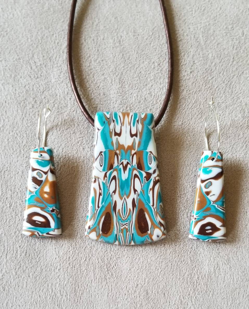 Mokume Gane - Pendant and Earring Set - Dark Gold, Brown, and Turquoise #2