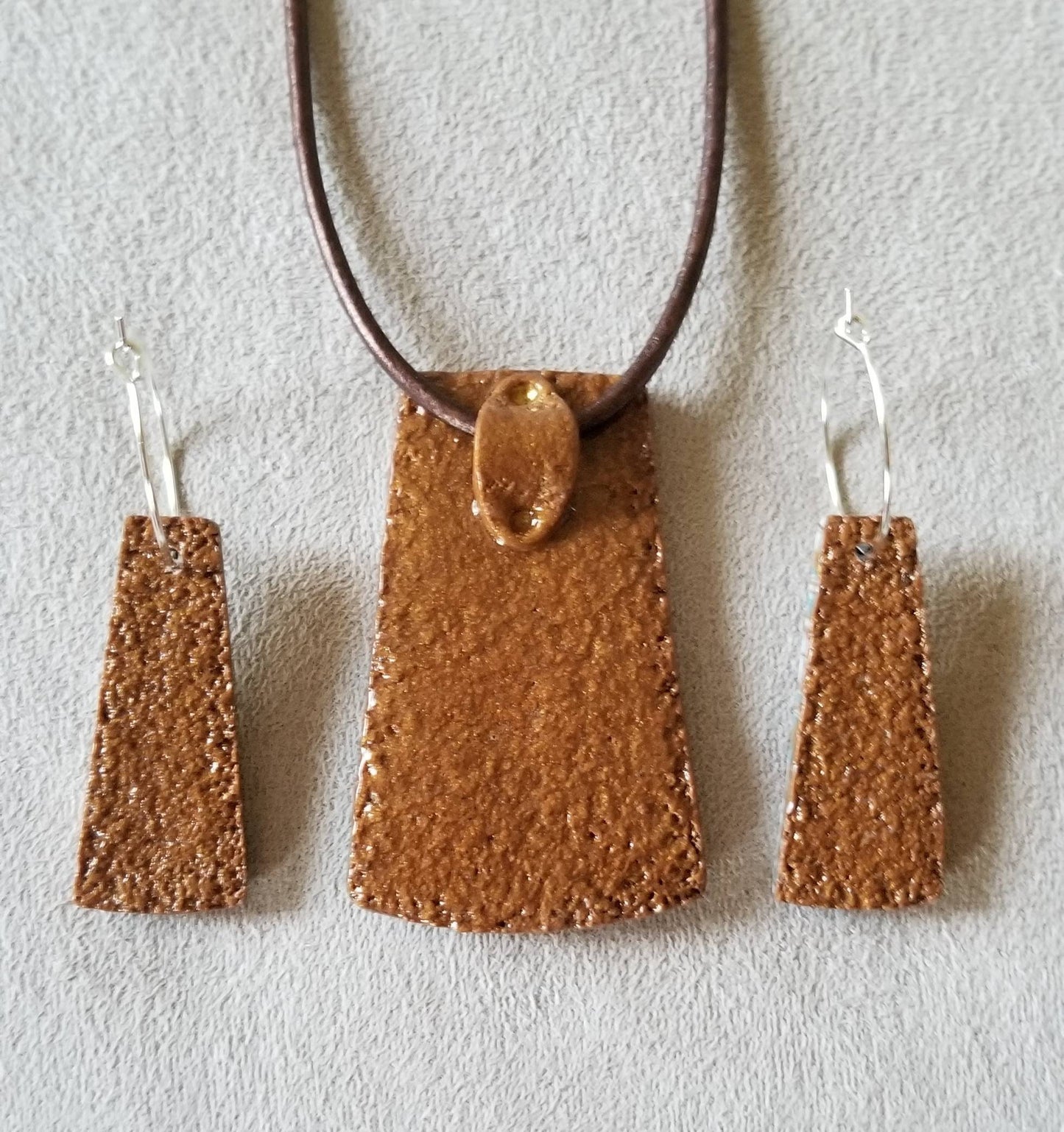 Mokume Gane - Pendant and Earring Set - Turquoise, Dark Gold, Brown, and White #3
