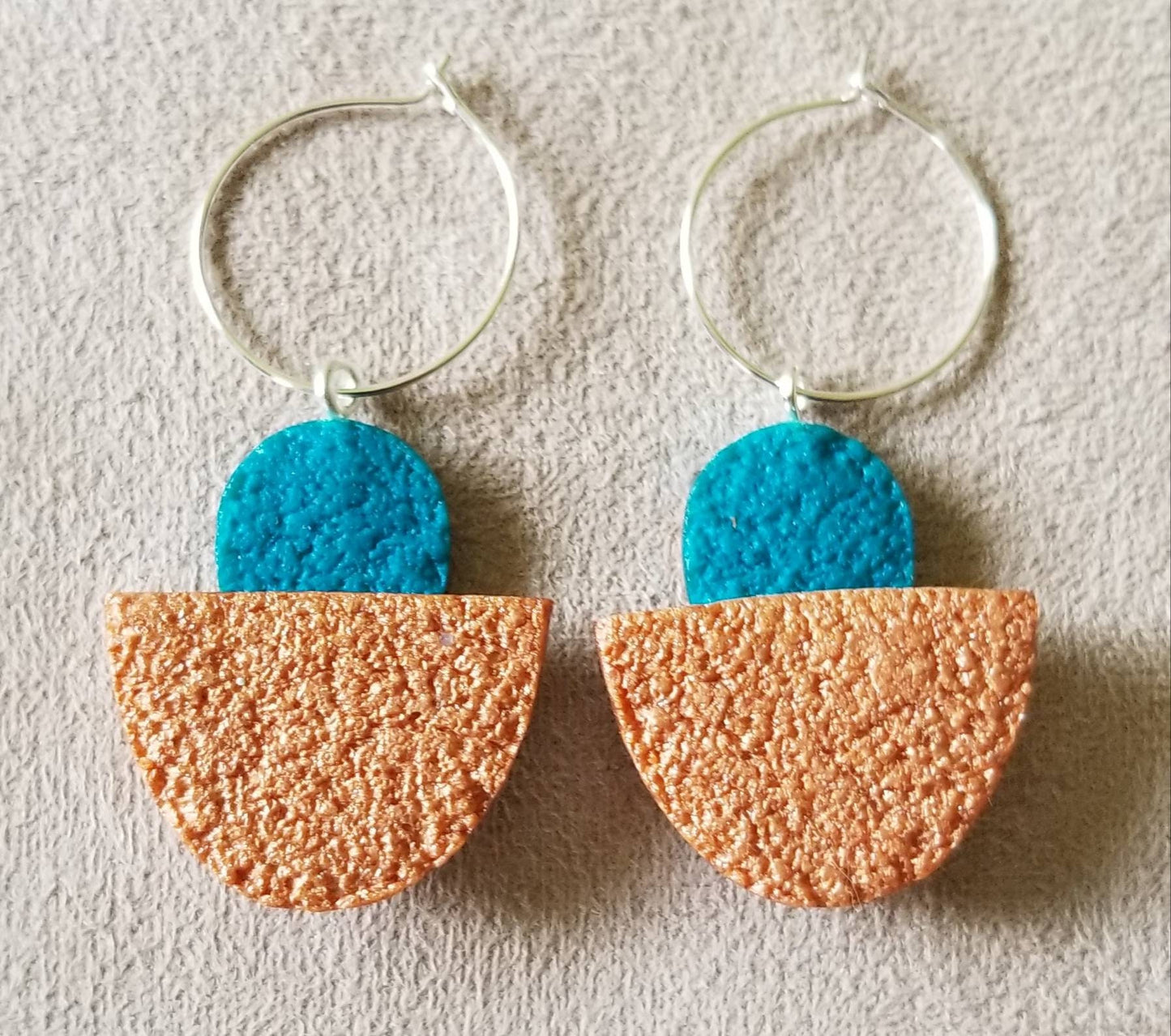Mokume Gane - Lily Statement Earrings - Teal, Copper, and Green #1
