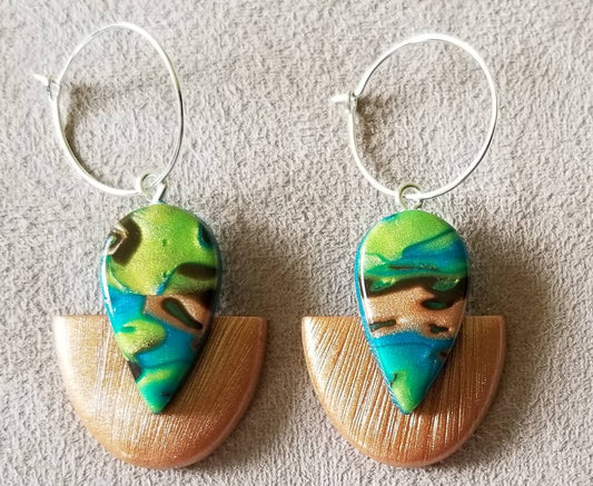 Mokume Gane - Lily Statement Earrings - Teal, Copper, and Green #2