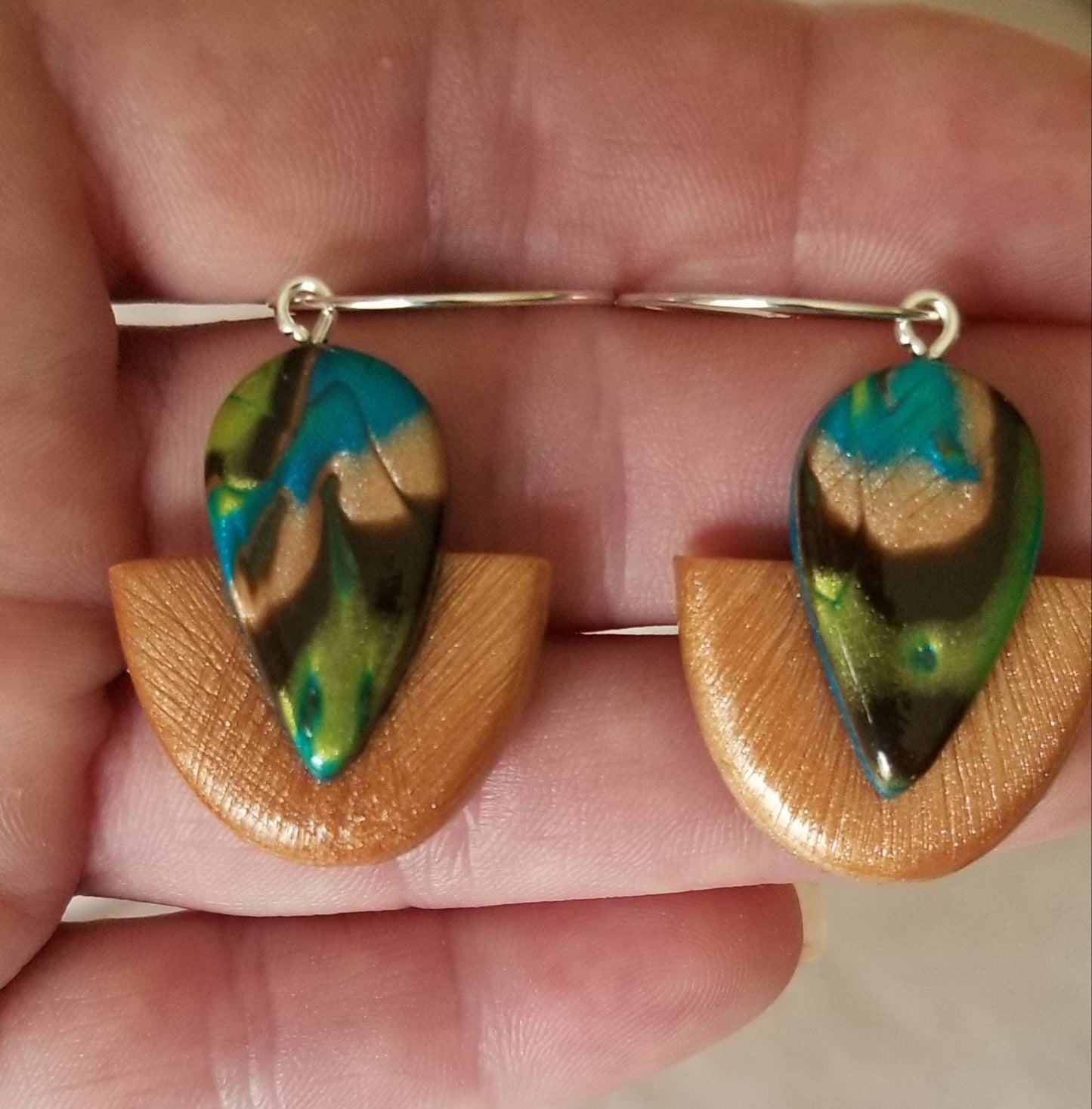 Mokume Gane - Lily Statement Earrings - Teal, Copper, and Green #1
