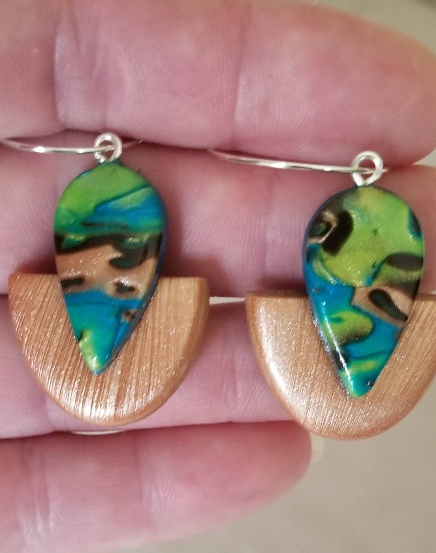 Mokume Gane - Lily Statement Earrings - Teal, Copper, and Green #2