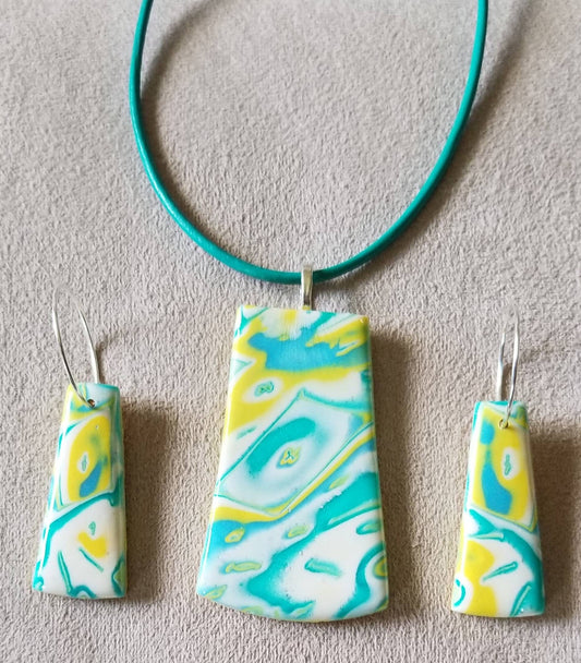 Mokume Gane - Pendant and Earring Set - Teal, Lt Blue, and Yellow #2