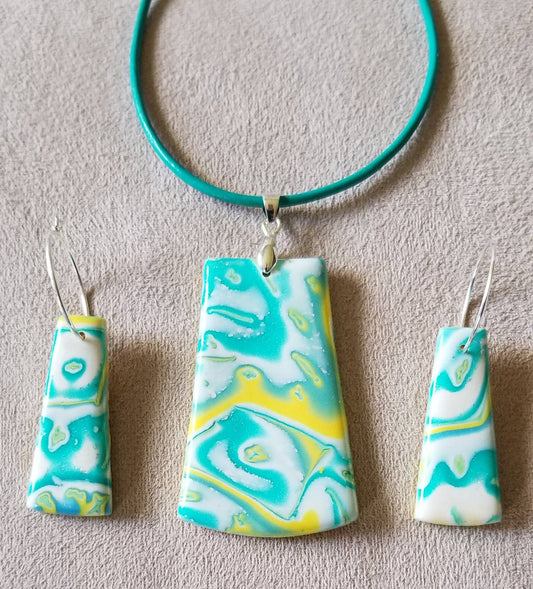 Mokume Gane - Pendant and Earring Set - Teal, Lt Blue, and Yellow #1