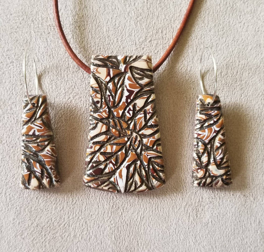 Embossed Mokume Gane - Pendant and Earring Set - Brown, Beige, and White w/Dk Brown #1