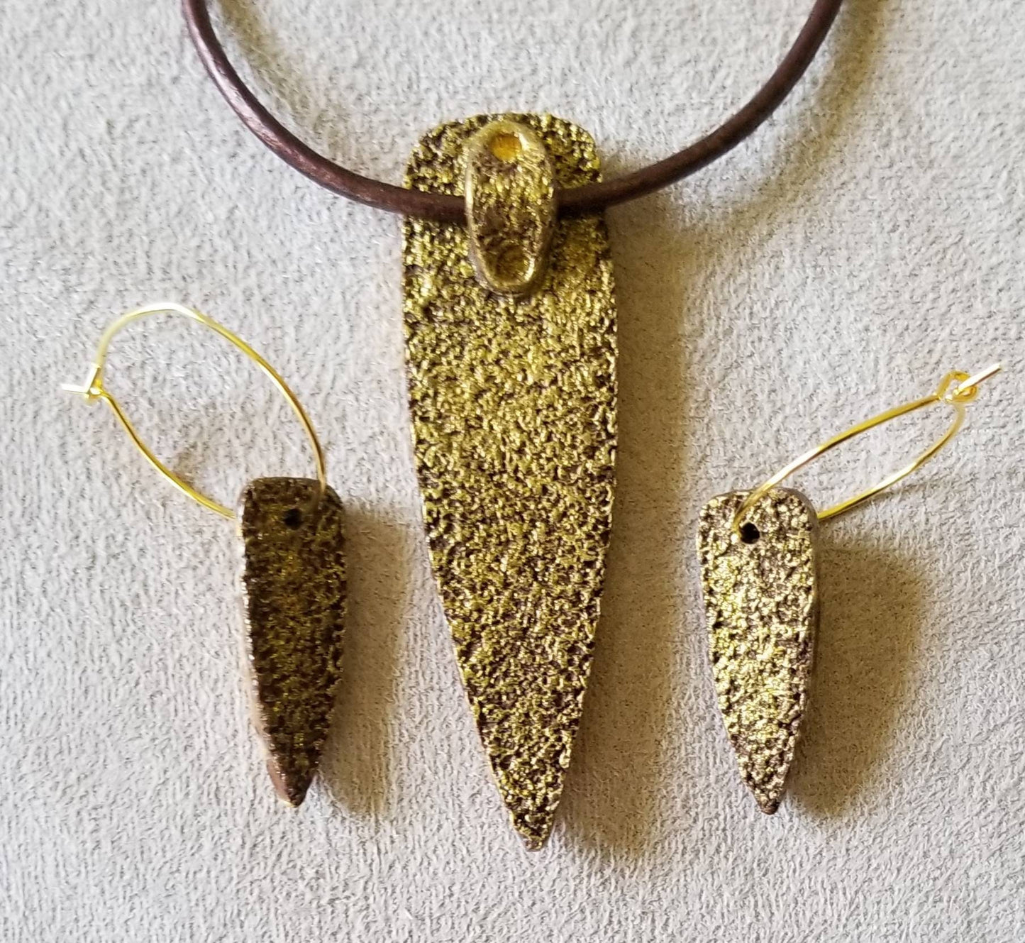 Embossed Mokume Gane - Pendant and Earring Set - Dk Brown, Gold, and Beige w/Gold