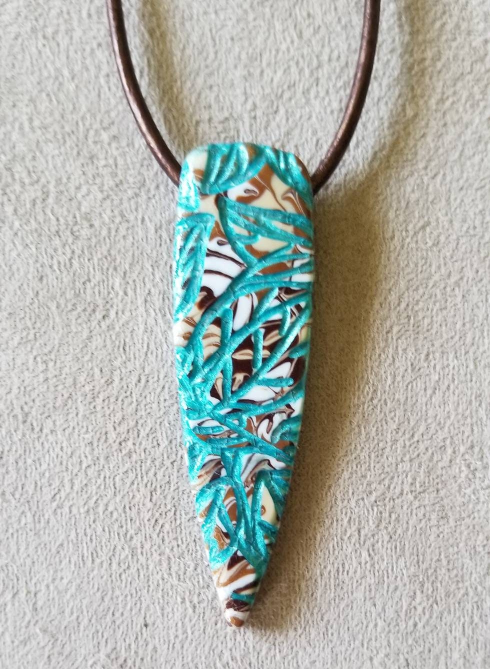 Embossed Mokume Gane - Pendant and Earring Set - Dk brown, Tan, and Beige w/Aqua