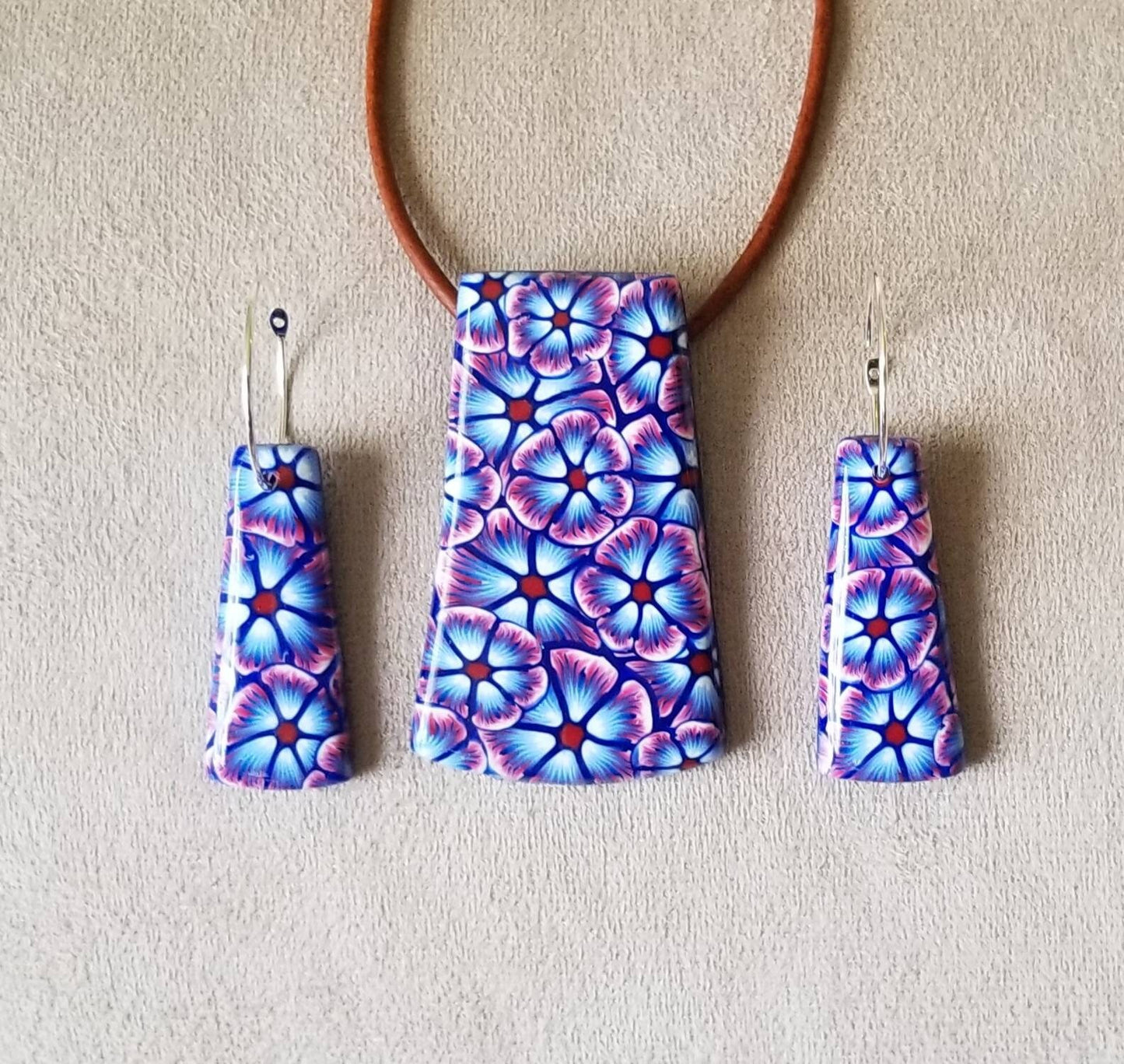 Floral - Boho Pendant and Earring Set - Red, White and Blue #1