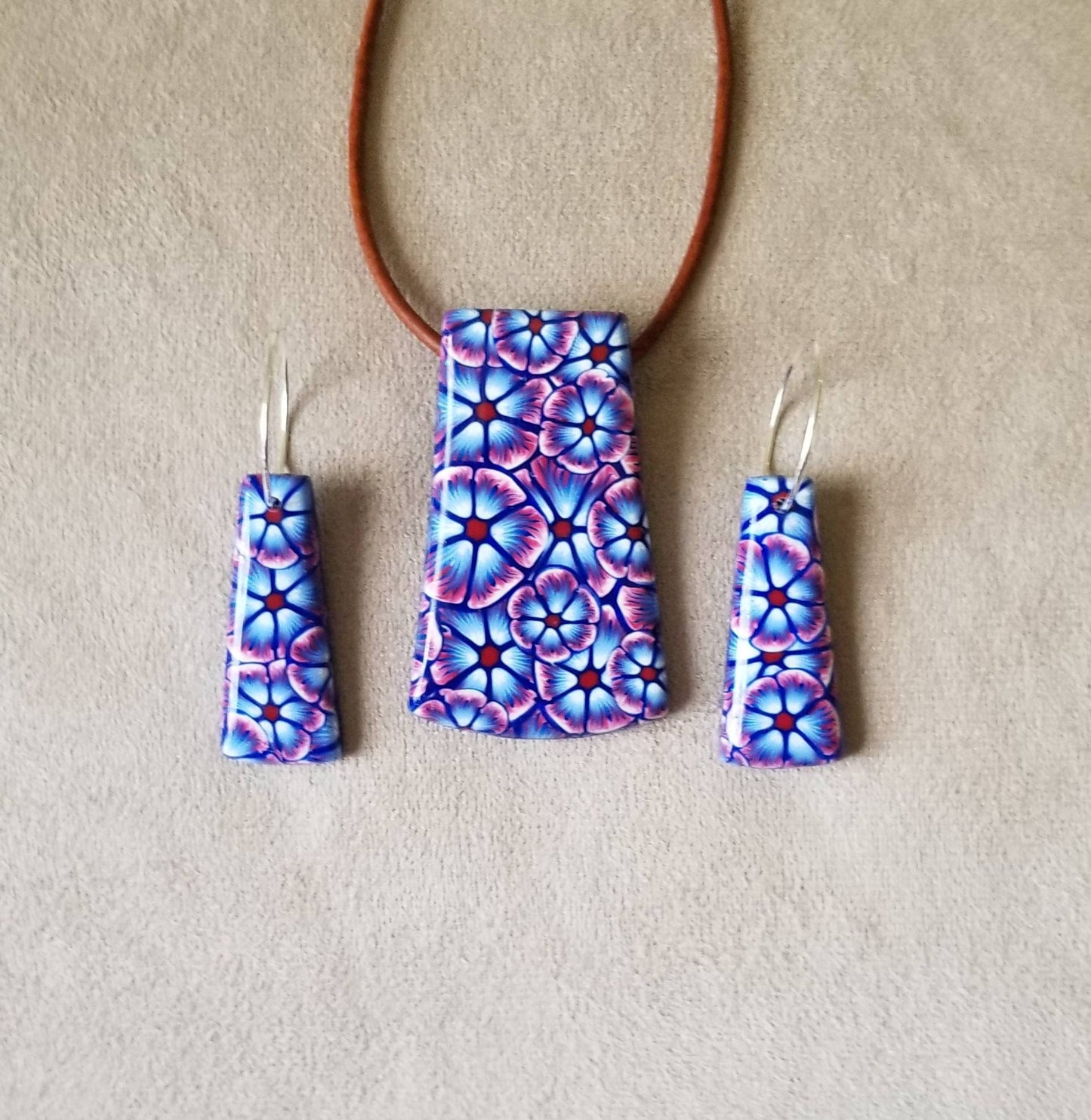 Floral - Boho Pendant and Earring Set - Red, White and Blue #2