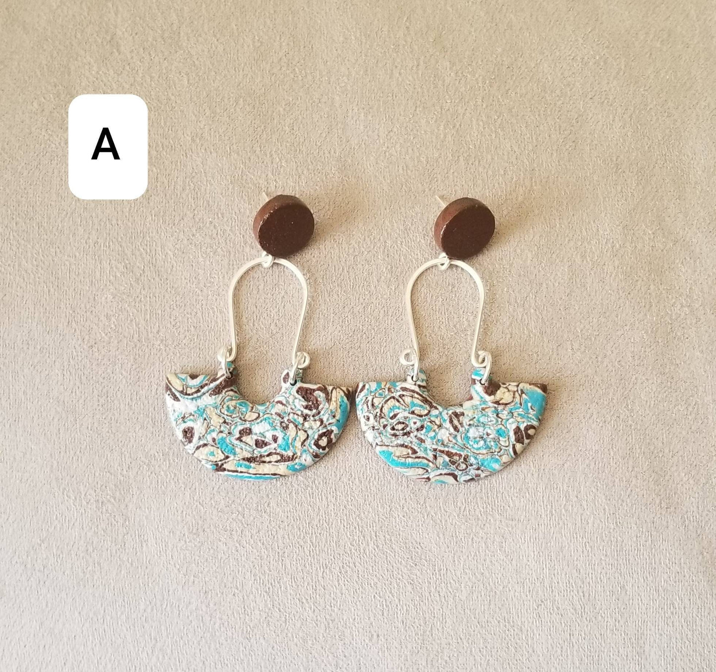 Mokume Gane - Statement Earrings - Turquoise, Dark Brown, Beige, and White