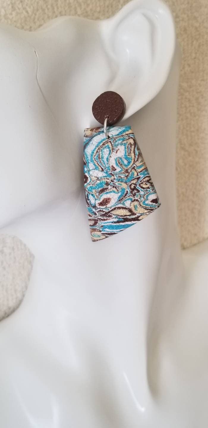 Mokume Gane - Statement Earrings - Turquoise, Dark Brown, Beige, and White