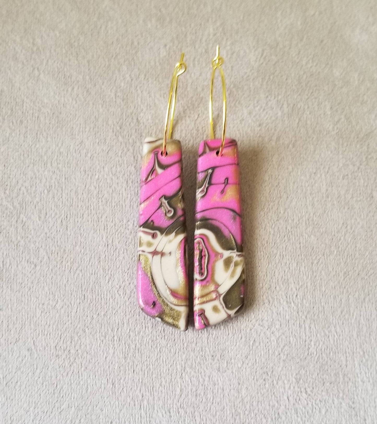 Mokume Gane - Mia Statement Earrings - Hot Pink, Cream, and Gold #1