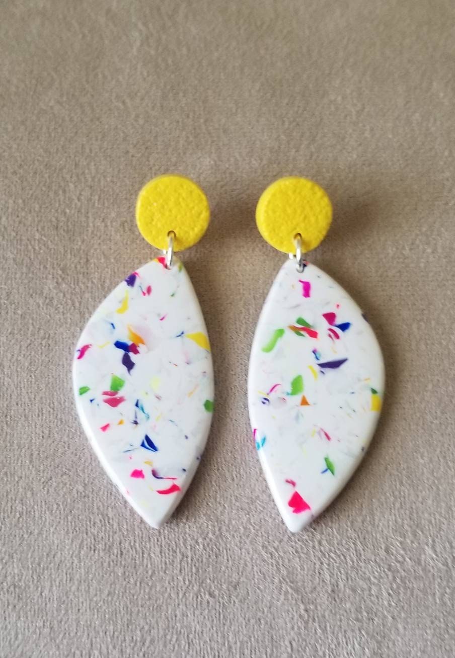 Terrazzo -Ella Statement Earrings - Fluorescent Pink, Blue Pearl, Green Pearl, and Bright Yellow Studs