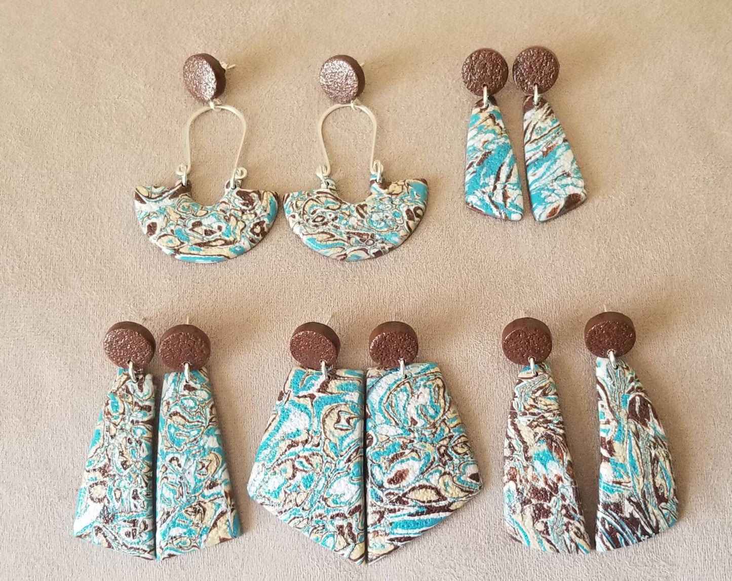 Mokume Gane - Statement Earrings - Turquoise, Dark Brown, Beige, and White