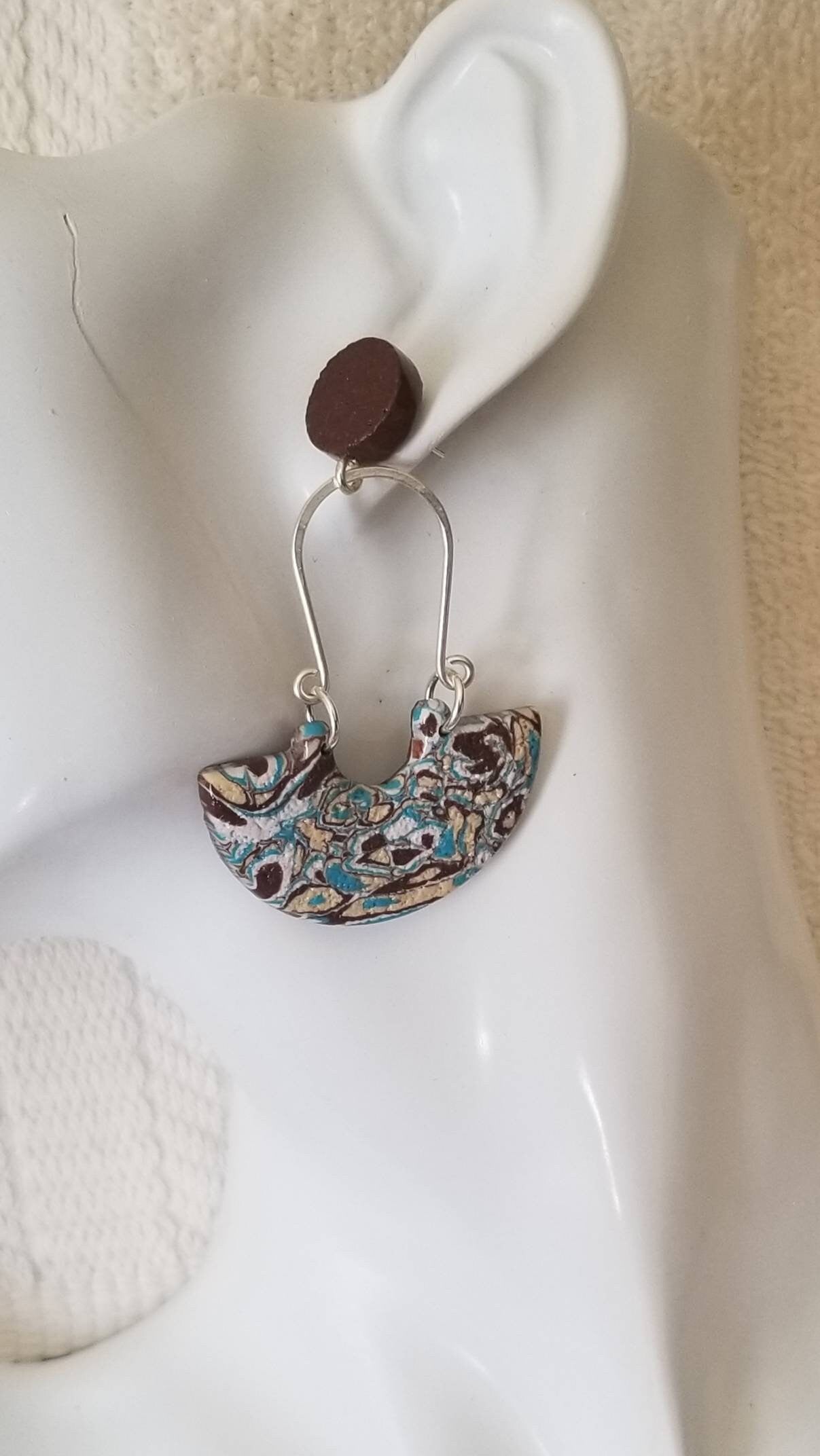 Mokume Gane - Statement Earrings - Turquoise, Dark Brown, Beige, and White