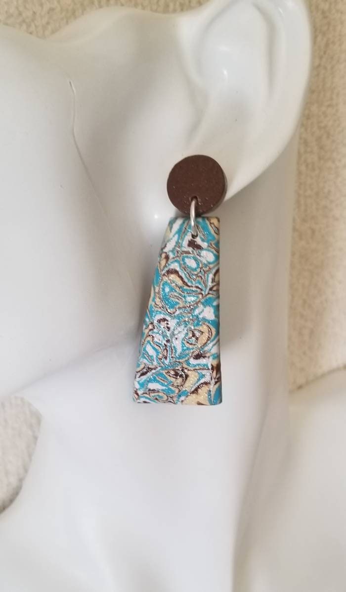 Mokume Gane - Statement Earrings - Turquoise, Dark Brown, Beige, and White